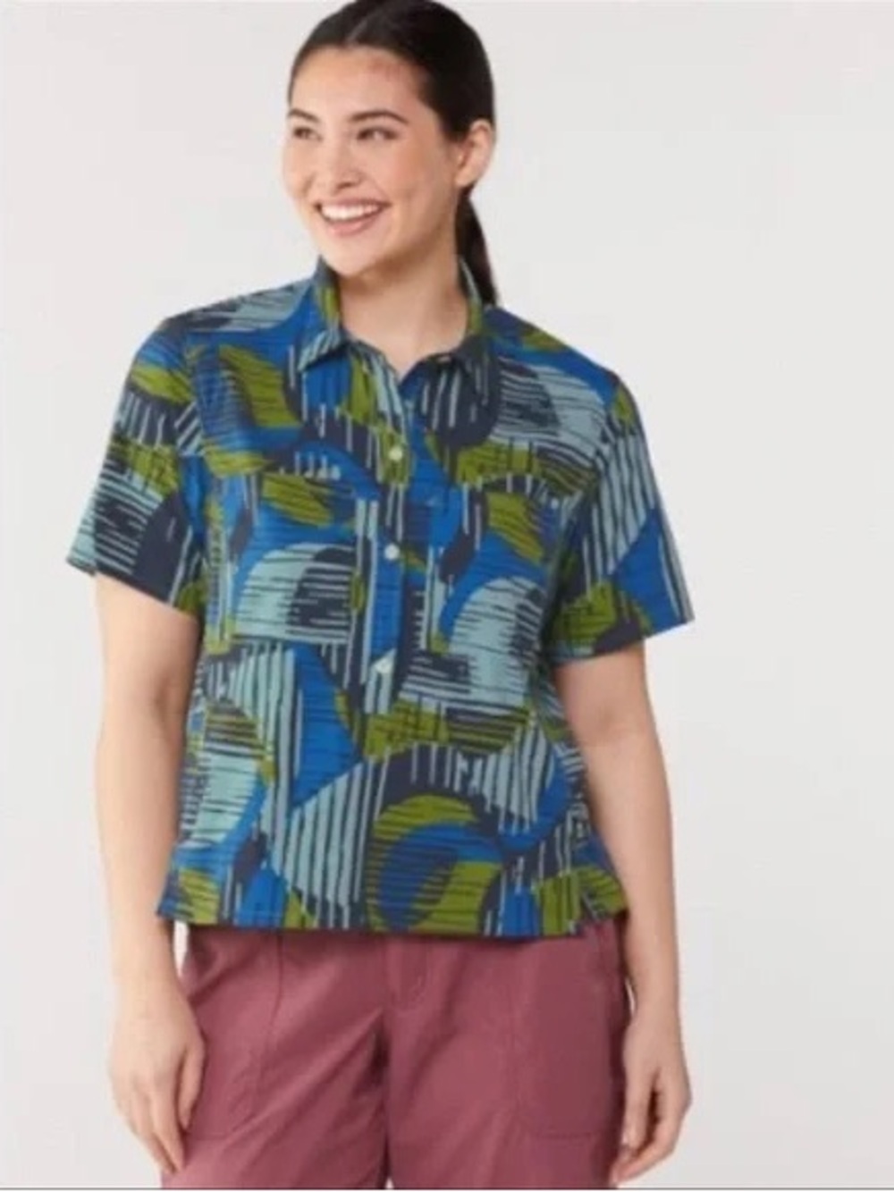 REI Co-op Women's Trailmade Printed Shirt - Abstract Blue/Green medium